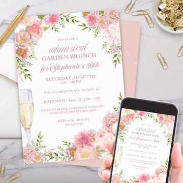 elegant pink floral whimsical birthday invitation with champagne for brunch party invites